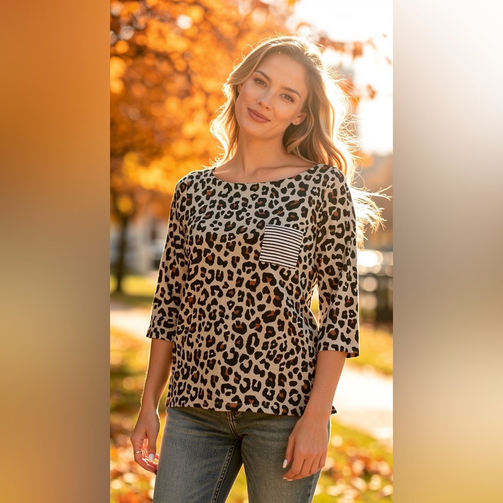 LOFT Animal Print Long Sleeve Top with Striped Accent